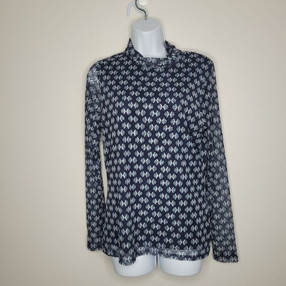 Rafella blue geometric print semi sheer sleeves mock neck career long sleeve M - Picture 1 of 7